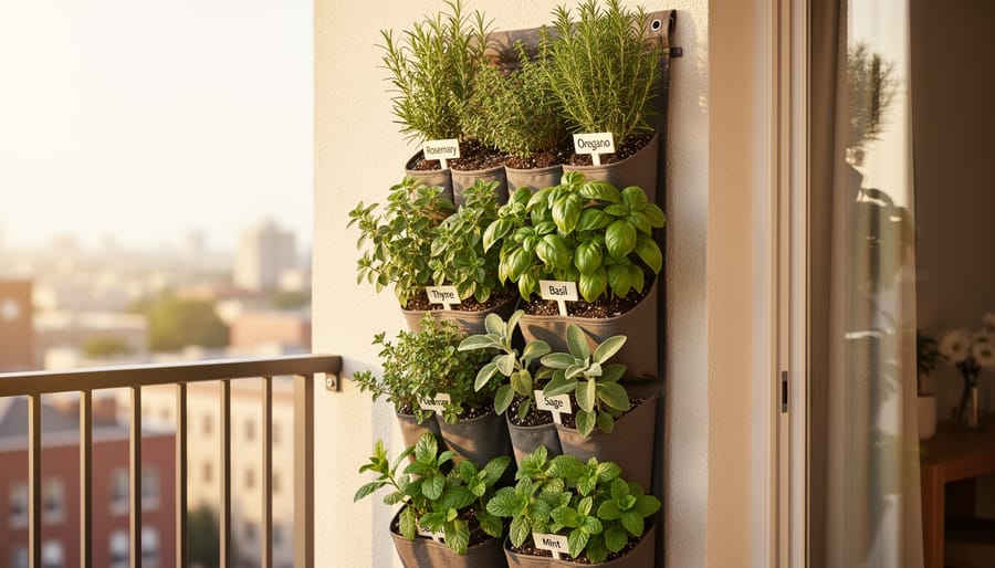 Basil, rosemary, and oregano growing in a tiered vertical planter in bright sunlight