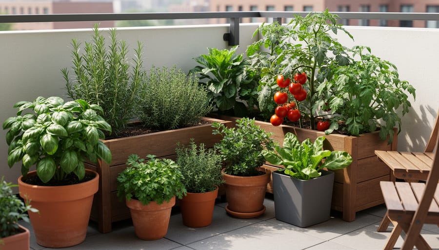 Assorted herb and tomato containers on an Austin patio with a watering can and gardening gloves nearby.