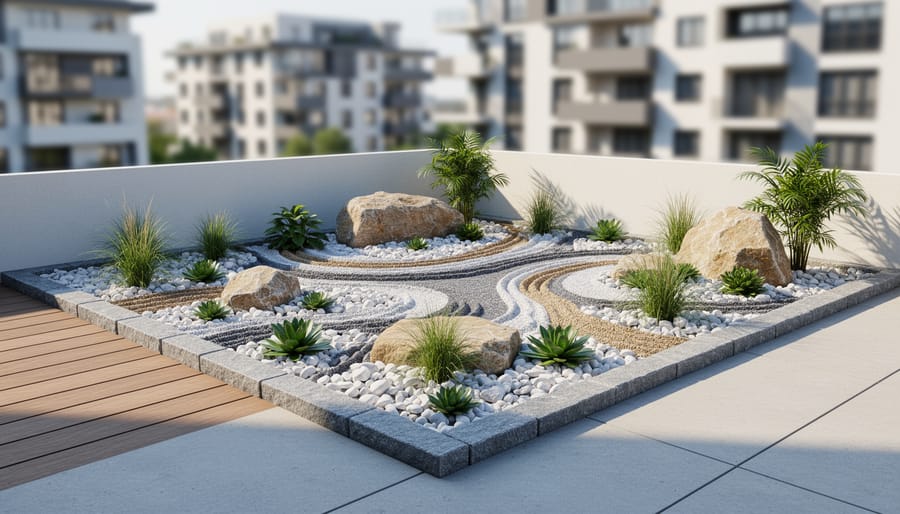 River rocks edging a planter with drought-tolerant succulents on an Austin apartment patio