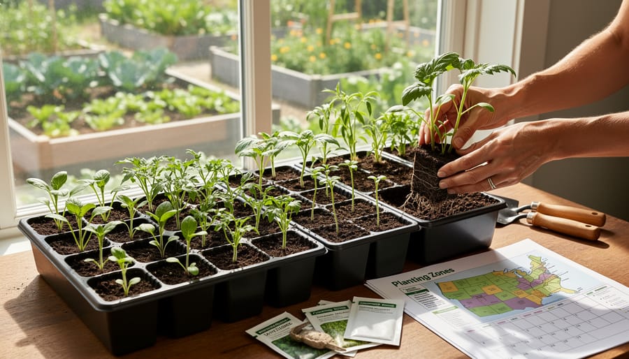 Gardener holding seedling trays outdoors on a porch with green seedlings in soil