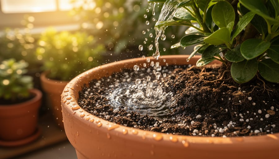 Close-up of rosemary and pepper plants in sunlit containers with rich potting mix after watering.