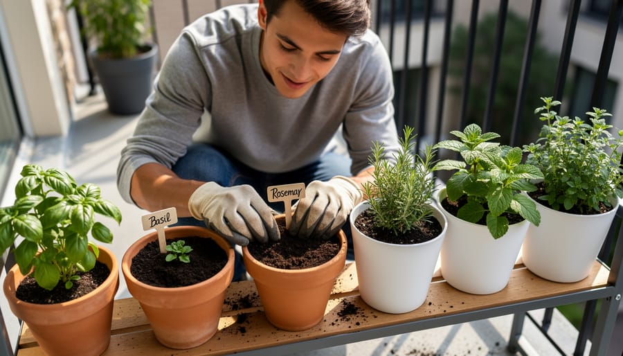 Beginner gardener placing herb seedlings into terracotta pots on a sunny balcony