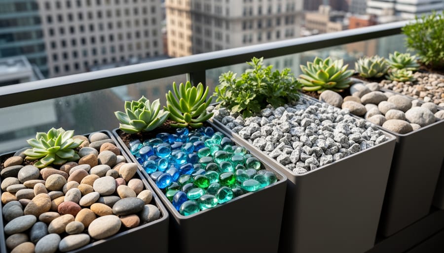 Assorted gardening rocks in three patio planters: river rocks, glass stones, and granite