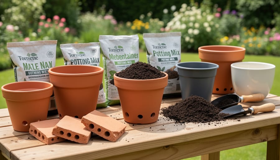 Pots and potting mix set up on a balcony floor with a container showing drainage holes and a tray underneath.