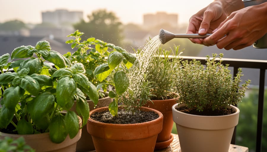 Watering jug pouring water into potted mint and cilantro soil in a container garden