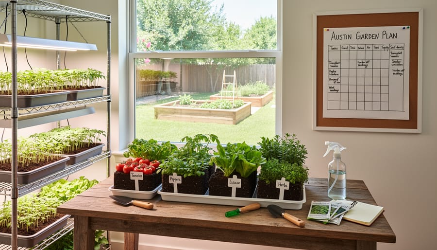 Indoor vegetable seedlings on a kitchen windowsill with a watering can