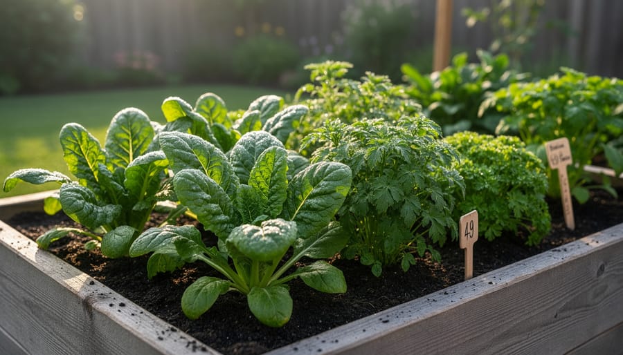 Raised garden bed with healthy leafy greens growing in rich brown soil
