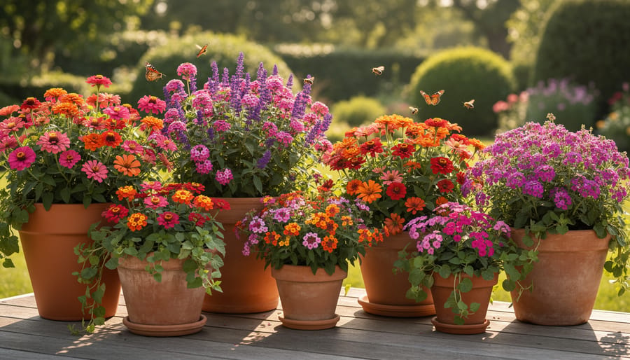 Butterfly resting on bright wildflowers in a container garden with soft morning light.