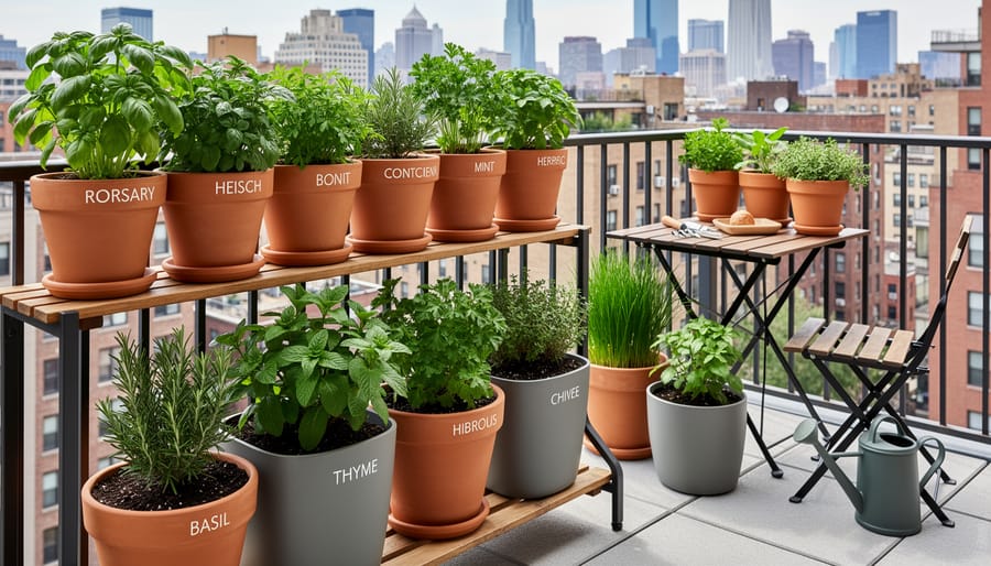 Close-up view of basil, parsley, and cilantro growing in multiple containers on a patio with a watering can nearby.