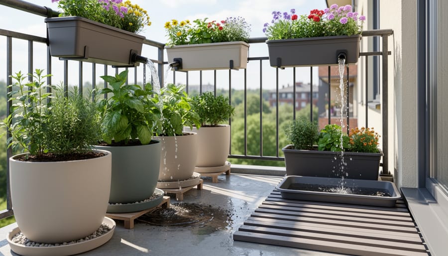 Gardener’s hands setting up a container with drainage and a drip tray on a balcony surface