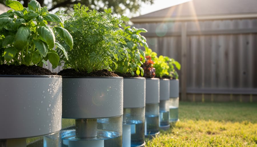 Pepper plant growing in a decorative self-watering container with dark, moist soil visible at the surface.