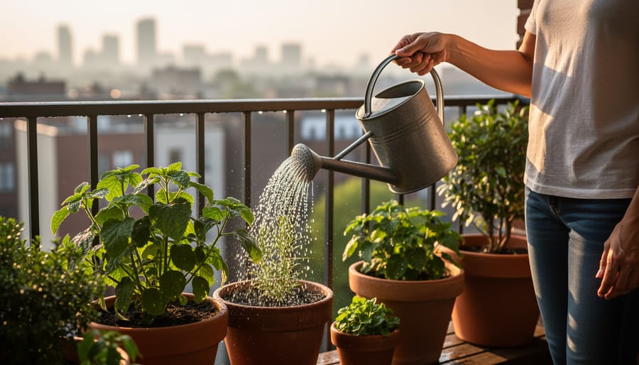 Person watering container plants on an apartment balcony in soft daylight