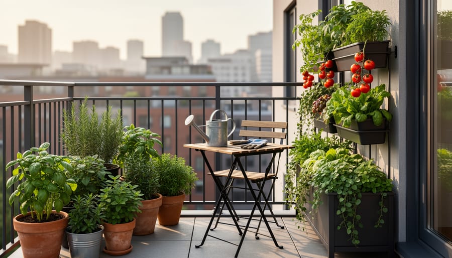 Small-space balcony garden with grow bags, herbs, and a compact trellis next to an apartment railing
