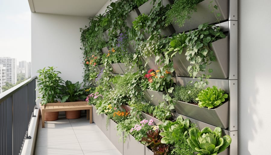 Vertical garden wall with stacked planters filled with herbs on an urban patio