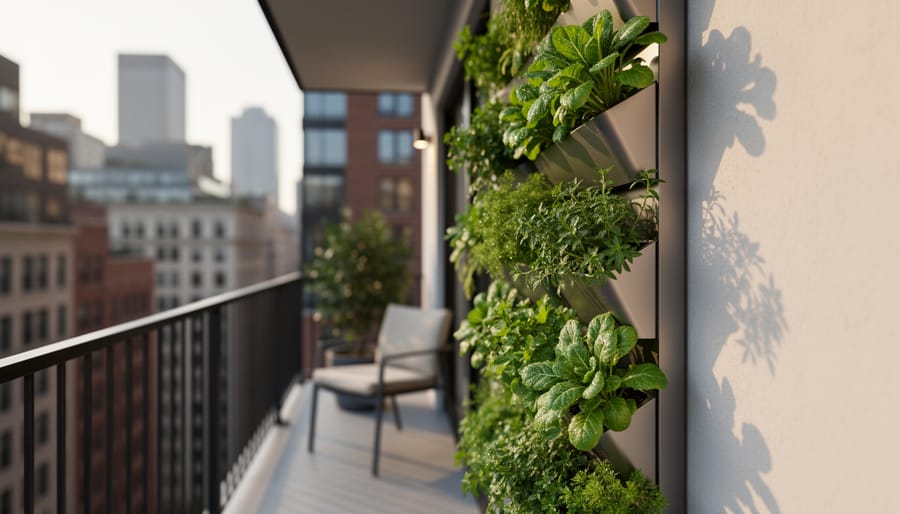 Vertical garden with wall planters and a hanging basket filled with basil and leafy greens in warm sunlight