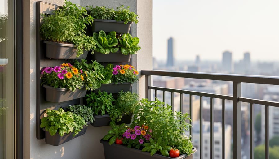 Vertical stacked and wall-mounted planters with cascading greens and flowers in warm golden-hour light.