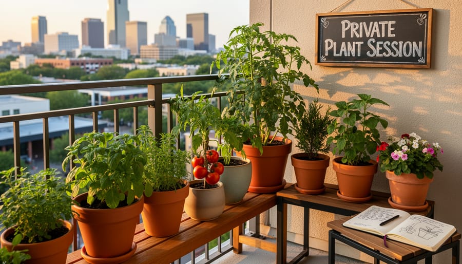Hands tending a container garden on an apartment balcony with planters, watering can, and seedlings.