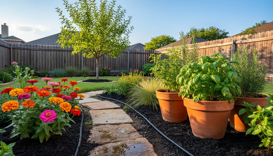 Thriving beginner garden with healthy plants in containers and a visible drip line in an Austin backyard setting.