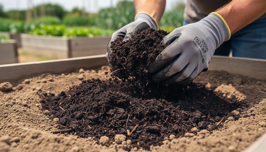 Gardener mixing finished compost into a raised garden bed with healthy soil texture visible.