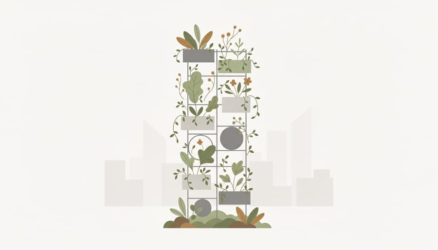 Vertical balcony garden with climbing plants on a trellis during golden hour lighting.
