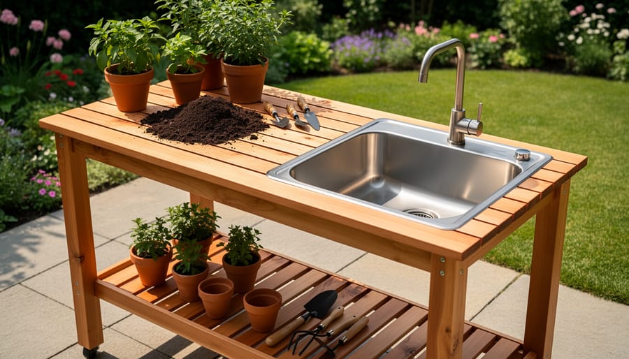 Cedar potting table with built-in sink basin outdoors