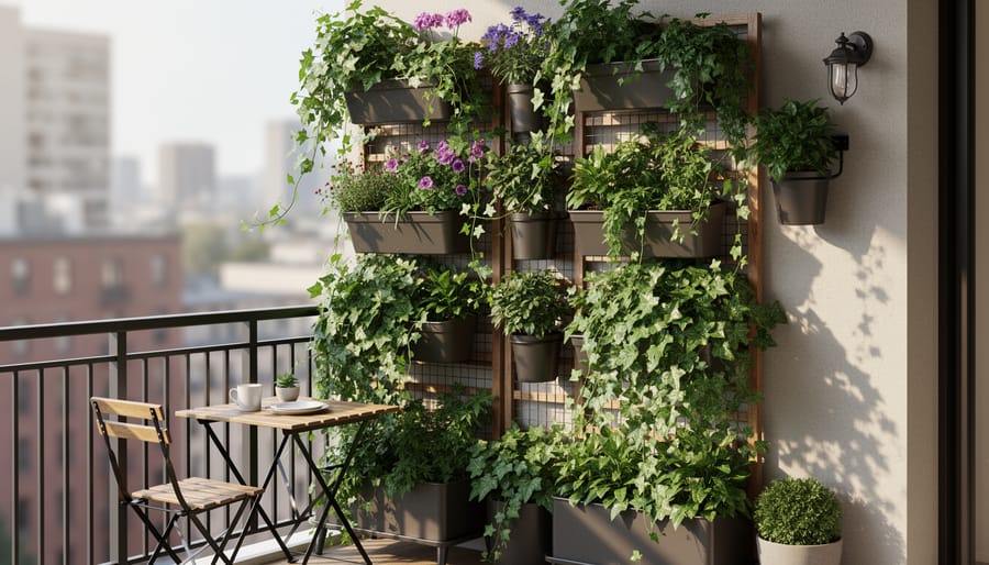 Climbing plants growing on a trellis with wall-mounted planters on a small balcony.