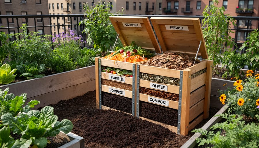 Compact compost bin in a backyard beside raised beds in an urban garden setting.