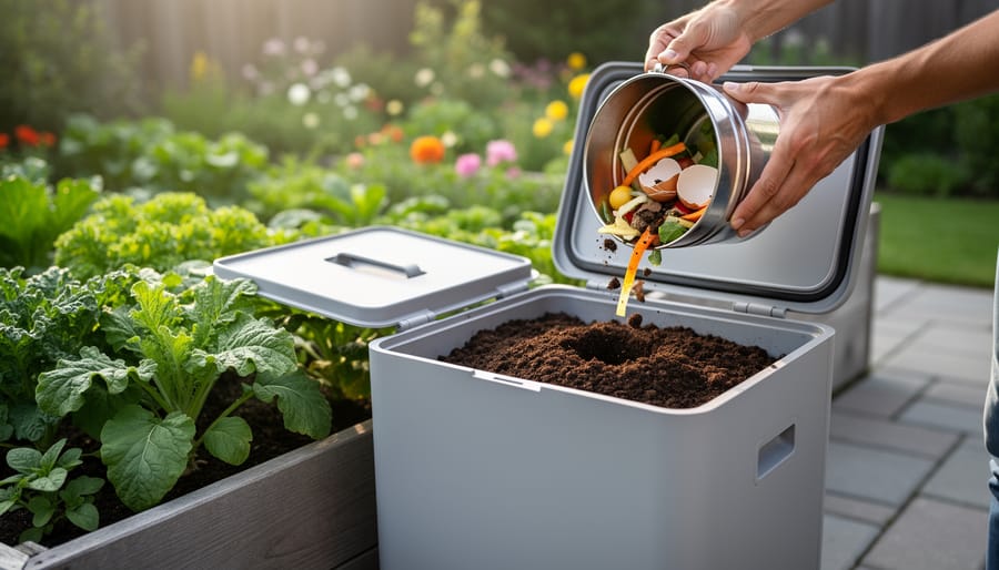 Covered compact compost bin with dark compost on a patio.