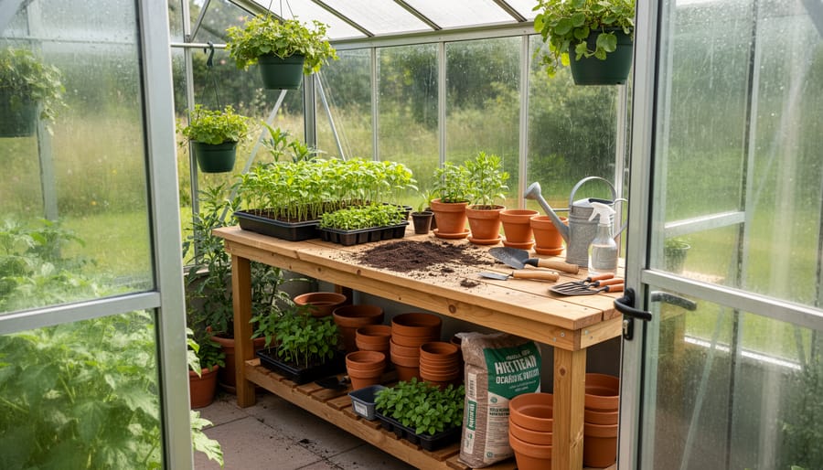 Seedlings on a narrow shelf inside a corner greenhouse potting nook