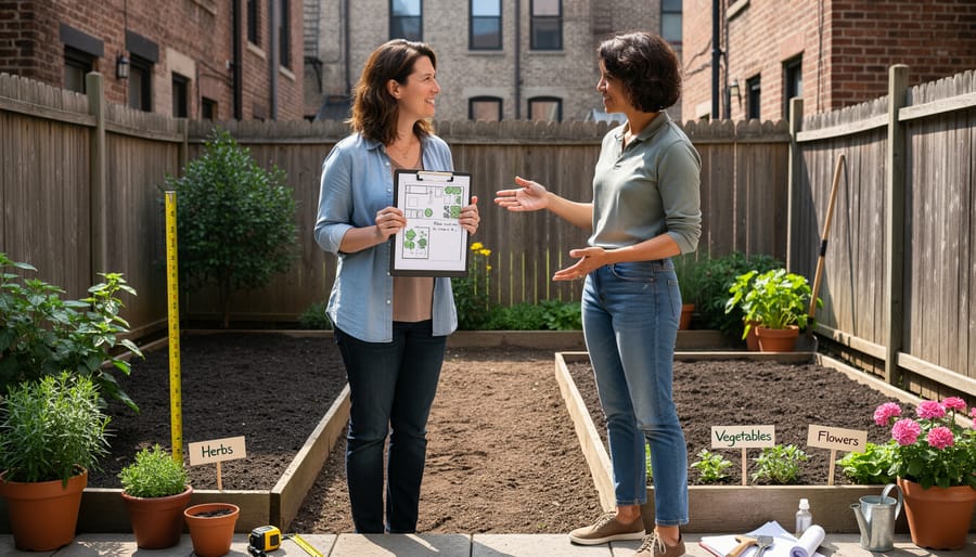 Instructor coaching a beginner in a small Austin yard while reviewing garden layout tools like a measuring tape and clipboard.
