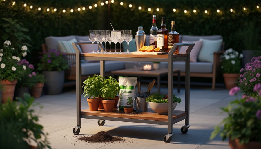 Outdoor bar cart repurposed as a potting station with pots and soil underneath
