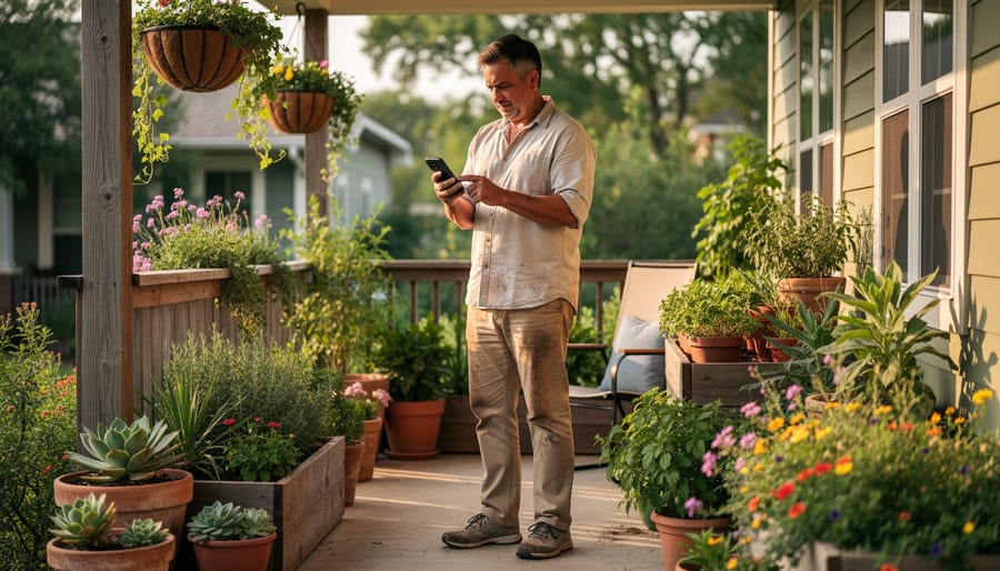 A gardener holding a potted herb plant while looking at a phone in a home garden setting