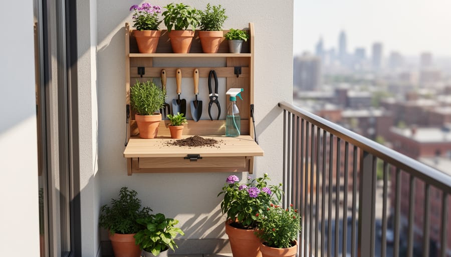 Fold-down wall-mounted potting bench open on a small urban balcony