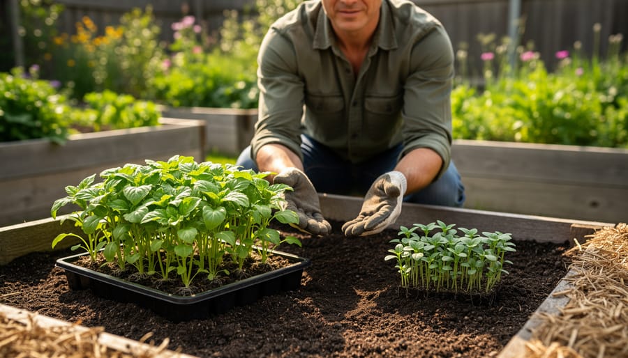 Gardener’s hands holding a seedling in a small terracotta planter beside watering and compost supplies.