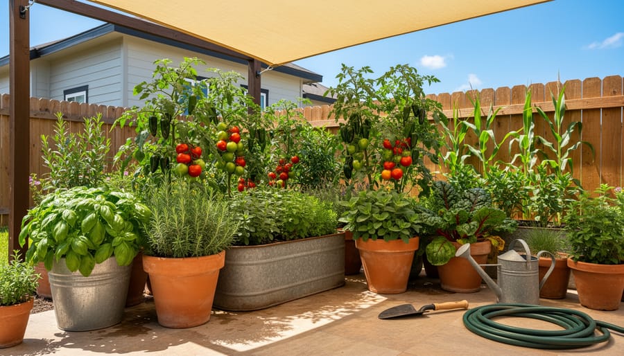 Heat-tolerant herbs and vegetables growing in containers on a sunny patio in Austin-style backyard setting.