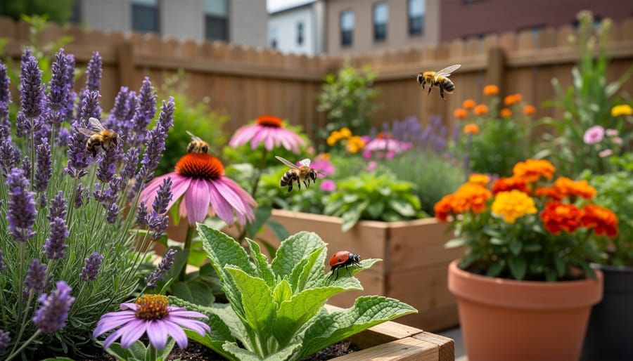 A honeybee on a flowering plant in a small garden bed.