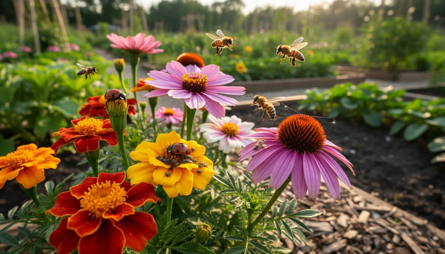 Macro view of a bee on a blooming flower with surrounding garden plants blurred in the background.