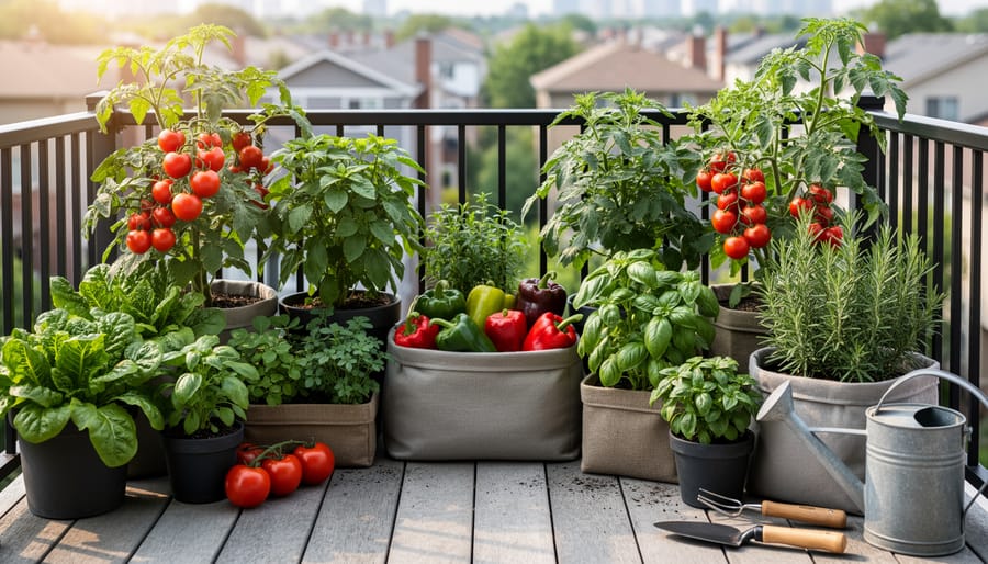 Container-grown vegetables in terracotta and fabric pots on a small porch.