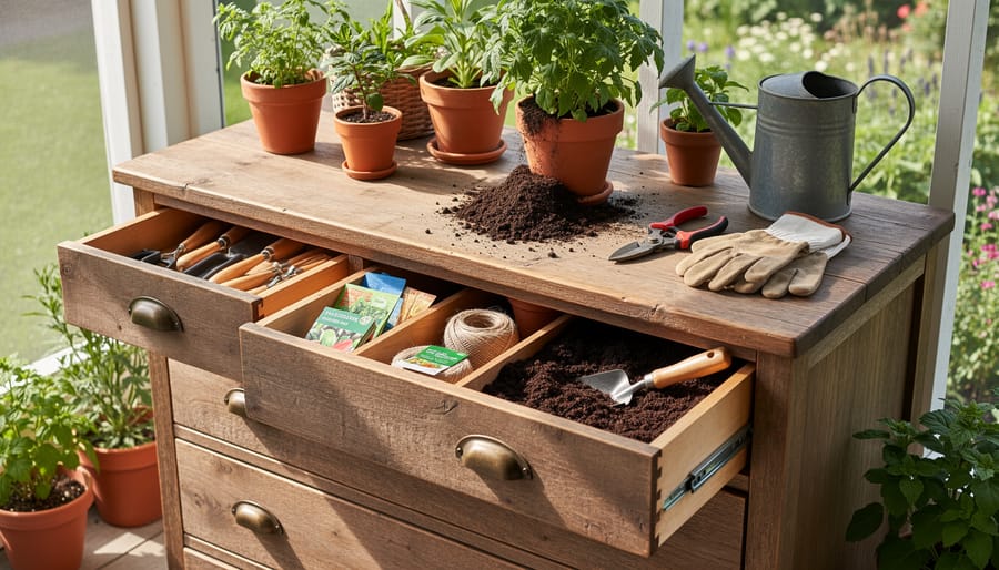 Repurposed wooden dresser used as a potting bench with open drawers and gardening tools