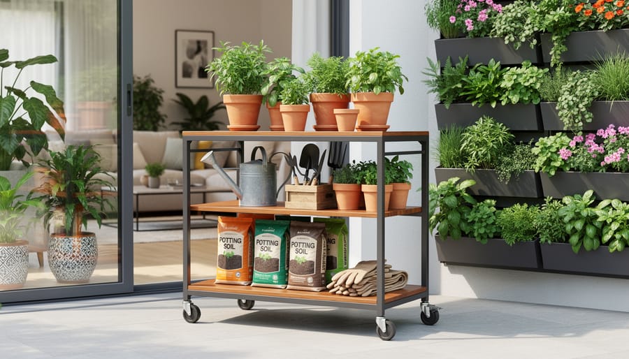 Rolling tiered potting cart on wheels with pots and soil near indoor and outdoor plants