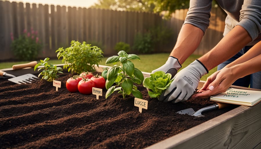 Gardener planting seedlings into a raised garden bed with mulch during a seasonal workshop.
