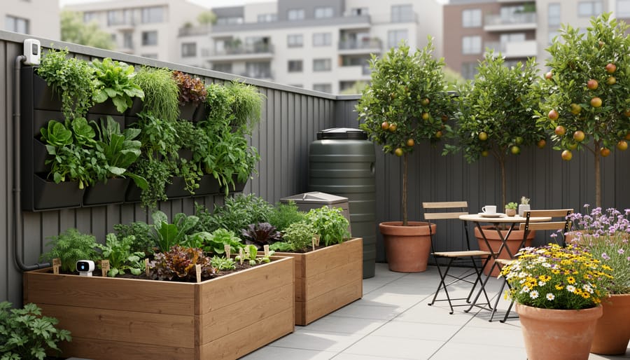 Wide view of a small urban garden featuring vertical planters, containers, and flowering plants.