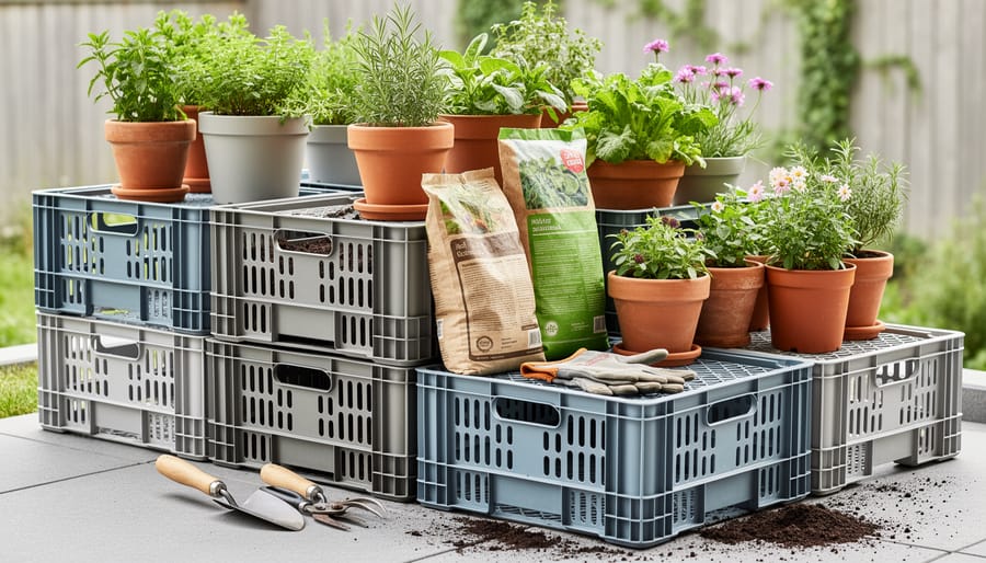 Stackable wooden crates arranged as a temporary potting station