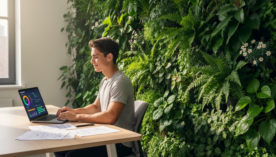 Vertical garden planters with watering can and notebook on an urban patio