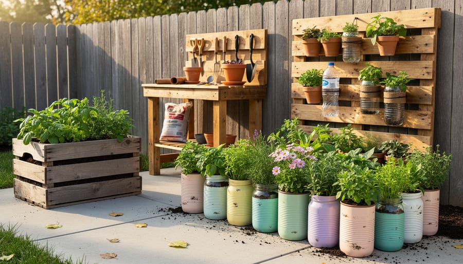 Hands planting seedlings into an upcycled wooden planter box.