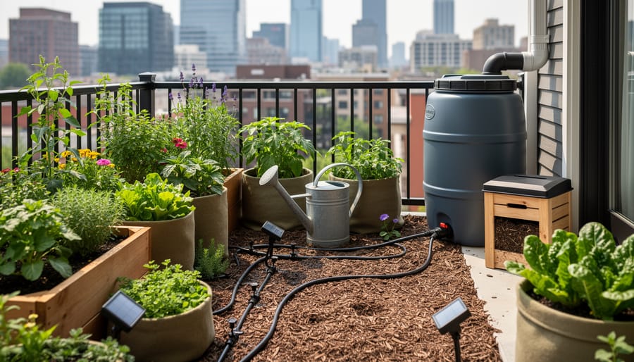 Urban patio container garden with drip irrigation and a rainwater collection barrel in the background.