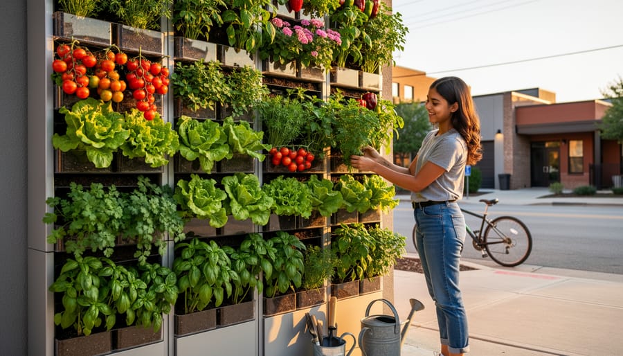 Hand planting a seedling in a vertical garden panel with lush herbs on an outdoor wall.