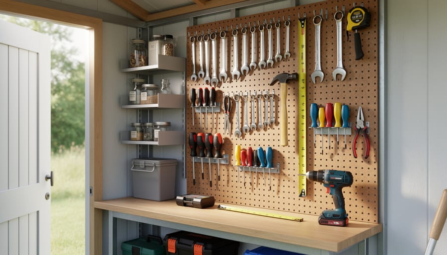 Vertical pegboard with hanging gardening tools and shelves above a potting work surface