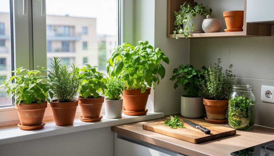 Indoor herbs and houseplants arranged on a sunny windowsill.