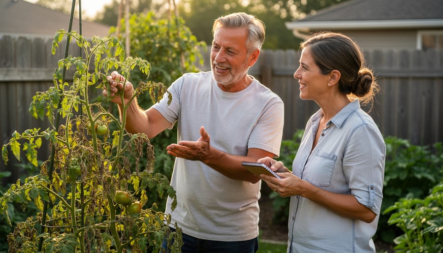 Two neighbors in a community garden discussing tomato plants while one points and the other holds a small gardening tool
